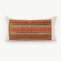 Hill Tribe Textile Lumbar Pillow Cushion Handwoven Tribal Fabric Colorful Dress Patch Orange #idpa - thumbnail 1