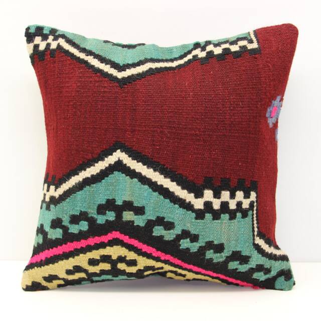 Vintage Kilim Pillow Cover - 16x16 Inch Turkish Wool, Boho Home Decor - image 1