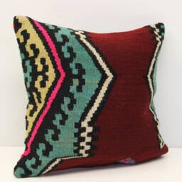 Vintage Kilim Pillow Cover - 16x16 Inch Turkish Wool, Boho Home Decor - thumbnail 2