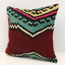 Vintage Kilim Pillow Cover - 16x16 Inch Turkish Wool, Boho Home Decor - thumbnail 3