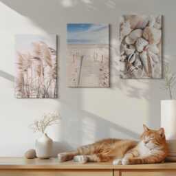 Set Of 3 Canvas Prints - Sandy Beach With Shells & Sea Grass, Beige Large Wall Art, Landscapes Hanging Piece - thumbnail 2