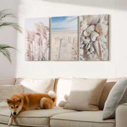 Set Of 3 Canvas Prints - Sandy Beach With Shells & Sea Grass, Beige Large Wall Art, Landscapes Hanging Piece - thumbnail 3