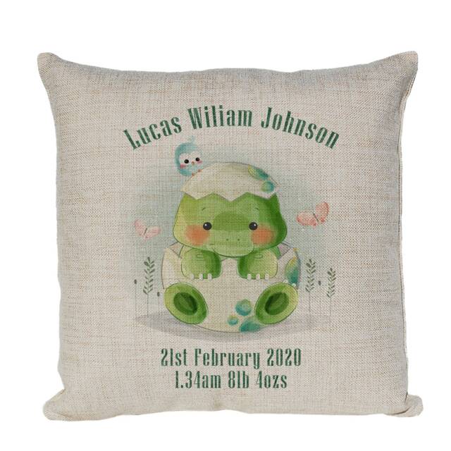 Personalised New Born Baby Gift Momento Keepsake Dinosaur Cushion Cover - image 1