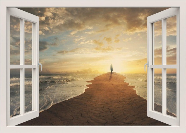 Sunset Wall Decal, Sea Shore Mural, Sticker, Nature 3D Window View Home Living Room Decor