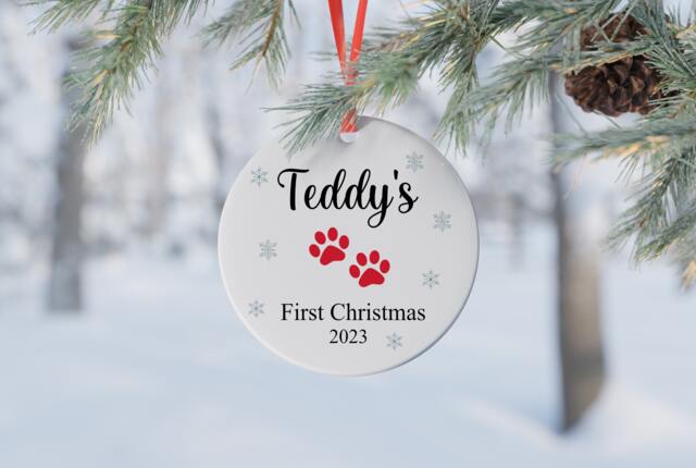 Dogs First Christmas Ceramic Bauble Decoration, Personalised Dog Bauble, Puppy's First Ornament