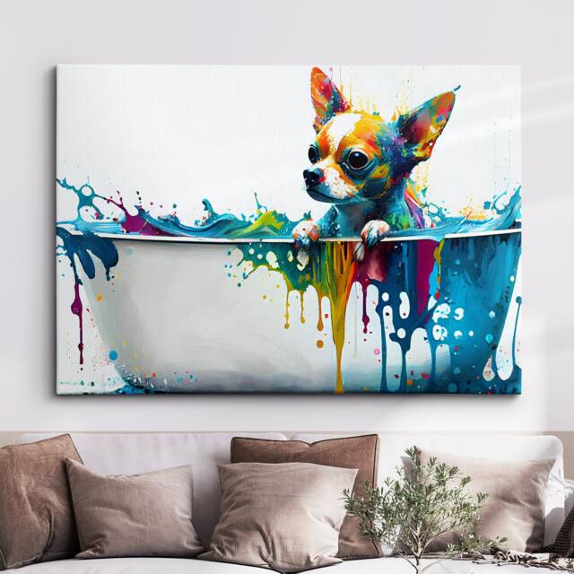Chihuahua in Bathtub Abstract Dog Pet Animal Painting Splatter Wall Art, Framed Canvas Poster Print, Home Kitchen Office Room Decor, Gifts - image 1