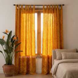 Gold Luxury Velvet Curtain, Bohemian Custom Length Curtain, Single Window Panel - thumbnail 1