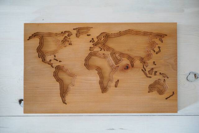 Wood Carved World Map Wall Art Deep Relief Sculpture - 19.5x12 In - image 1