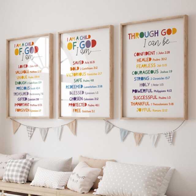 Set Of 3 Colourful Christian Prints Kids, Wall Art, Toddler Sunday School, Playroom, Girls Bedroom Decor, Rainbow - image 1