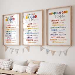 Set Of 3 Colourful Christian Prints Kids, Wall Art, Toddler Sunday School, Playroom, Girls Bedroom Decor, Rainbow - thumbnail 1