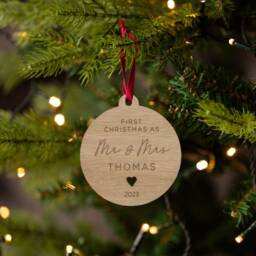 First Christmas As Mr & Mrs Ornament, Personalised Couples Bauble, 1st Xmas Married Tree Decorations, Engraved Wooden Bauble