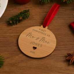 First Christmas As Mr & Mrs Ornament, Personalised Couples Bauble, 1st Xmas Married Tree Decorations, Engraved Wooden Bauble - thumbnail 3