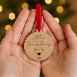 First Christmas As Mr & Mrs Ornament, Personalised Couples Bauble, 1st Xmas Married Tree Decorations, Engraved Wooden Bauble - thumbnail 2
