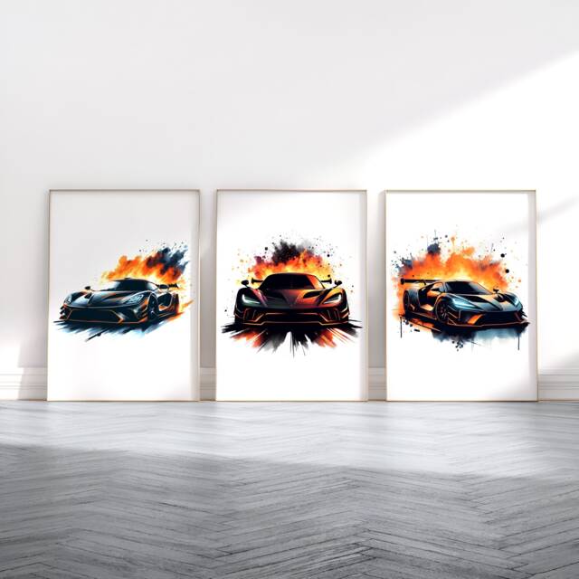 Flaming Supercar Poster Set - 3 Car Prints - Watercolour Painting Boys Room Wall Art Bedroom Print Gifts Artwork Decor - image 1