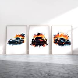 Flaming Supercar Poster Set - 3 Car Prints - Watercolour Painting Boys Room Wall Art Bedroom Print Gifts Artwork Decor - thumbnail 1