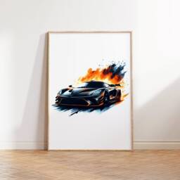 Flaming Supercar Poster Set - 3 Car Prints - Watercolour Painting Boys Room Wall Art Bedroom Print Gifts Artwork Decor - thumbnail 2