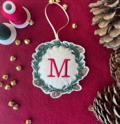 Christmas Tree Ornament With First Initial - Personalized Festive Decorations Embroidered Felt Pinecone Wreath