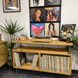 Rustic Reclaimed Wood Record Player Stand - Vinyl Storage Cabinet Media Turntable Unit - thumbnail 2