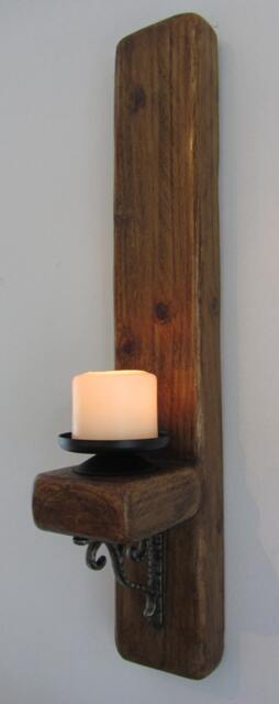 Large Chunky Reclaimed Plank Wood Wall Sconce Candle Holder With Beautiful Cast Iron Decoration - image 1