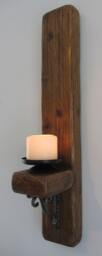 Large Chunky Reclaimed Plank Wood Wall Sconce Candle Holder With Beautiful Cast Iron Decoration - thumbnail 1