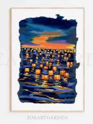 Floating Lanterns Gouache Art Print Seascape Light - thumbnail 1