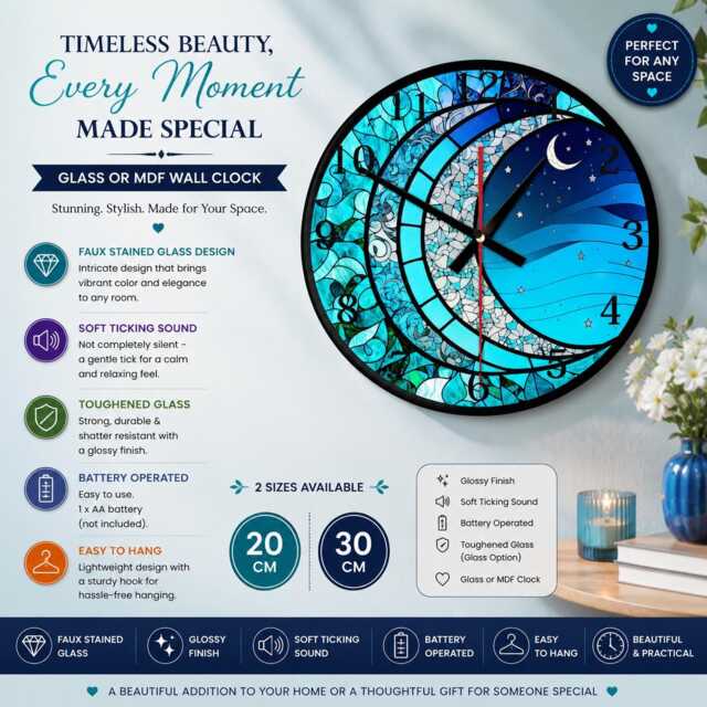 Crescent Moon Glass Or Mdf Wall Clock Faux Stained Decor - image 1