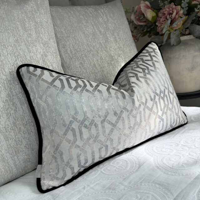 Silver Geo Cushion Cover With Black Velvet Piping, Bespoke Pillow Case - All Sizes Double Sided, Luxury Home Decor - image 1