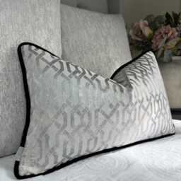 Silver Geo Cushion Cover With Black Velvet Piping, Bespoke Pillow Case - All Sizes Double Sided, Luxury Home Decor - thumbnail 4