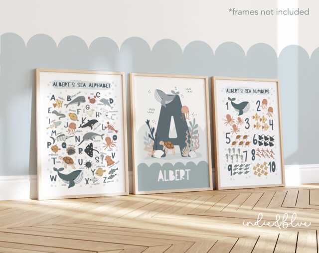 Personalised Sea Animals Print Set Of 3, Alphabet & Numbers Chart Print, Under The Ocean Prints, Boy Nursery - image 1