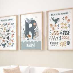 Personalised Sea Animals Print Set Of 3, Alphabet & Numbers Chart Print, Under The Ocean Prints, Boy Nursery - thumbnail 2