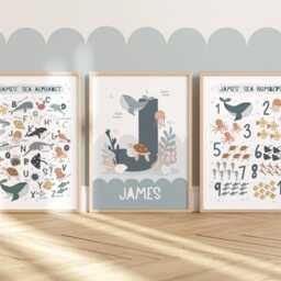 Personalised Sea Animals Print Set Of 3, Alphabet & Numbers Chart Print, Under The Ocean Prints, Boy Nursery - thumbnail 3