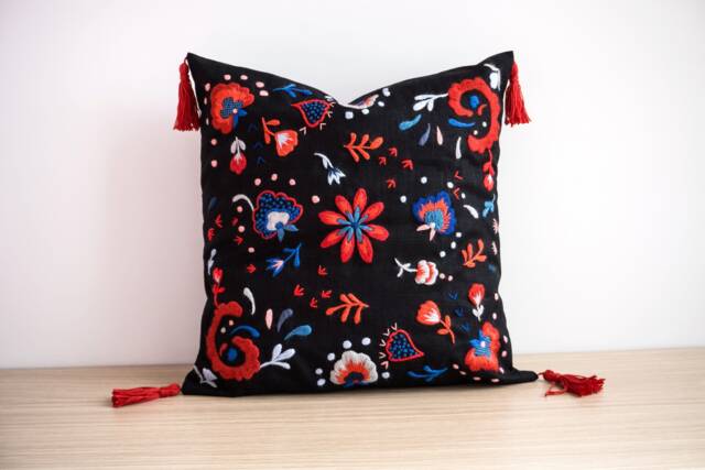 Home Decor, Bohochic Pillow With Embroidered Flowers & Tassels - 18x18, For Living Room Decoration, Gift The Home - image 1