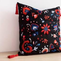 Home Decor, Bohochic Pillow With Embroidered Flowers & Tassels - 18x18, For Living Room Decoration, Gift The Home - thumbnail 3