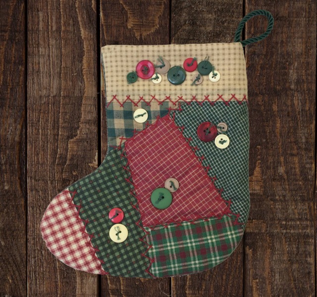 Handmade Christmas Stocking, Red Green Plaids Checks, Button Embellishment, Embroidery Stitches Free Us Shipping - image 1