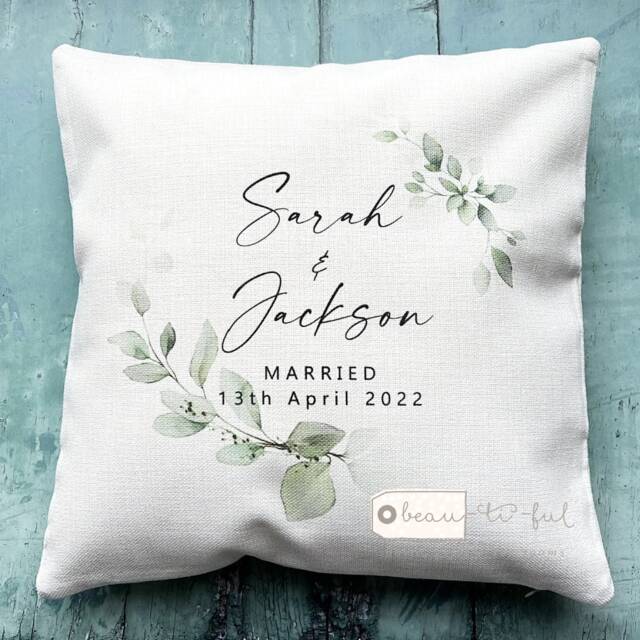 Personalised Married Gift Wedding Mr Mrs Bride Groom Home Quote Foliage Greenery Design Linen Style Cushion Cover