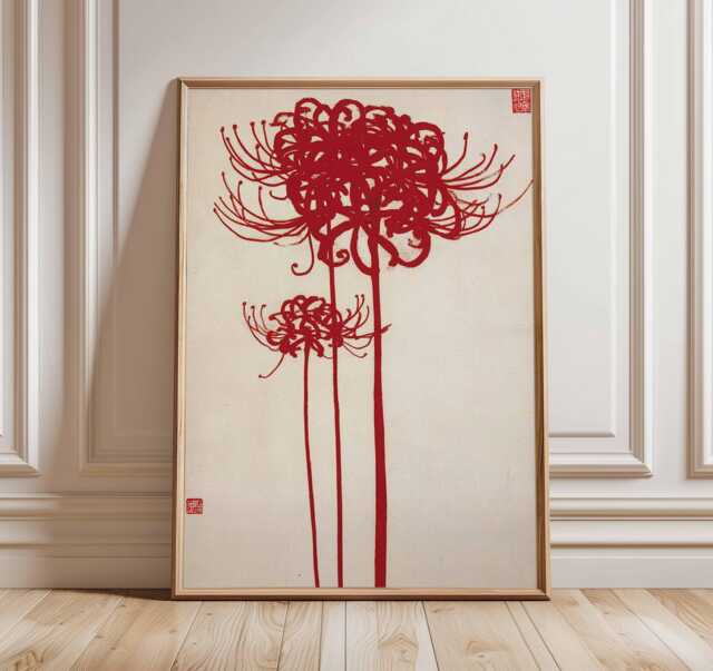 Japanese Red Spider Lily Wall Art Print, Minimalist Floral Poster, Wabi Sabi Asian Artwork, Botanical Zen Home Decor - image 1