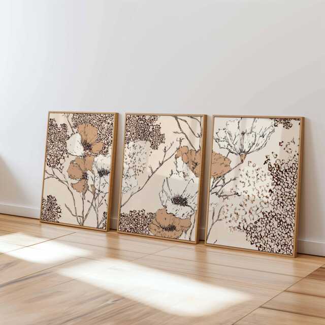Modern Line Art Floral Wall Set Of 3, Abstract Botanical Prints in Brown & Beige, Minimal Flower Posters For Contemporary Home Decor - image 1