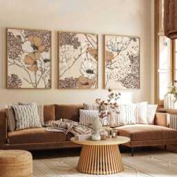 Modern Line Art Floral Wall Set Of 3, Abstract Botanical Prints in Brown & Beige, Minimal Flower Posters For Contemporary Home Decor - thumbnail 3