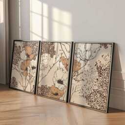 Modern Line Art Floral Wall Set Of 3, Abstract Botanical Prints in Brown & Beige, Minimal Flower Posters For Contemporary Home Decor - thumbnail 2