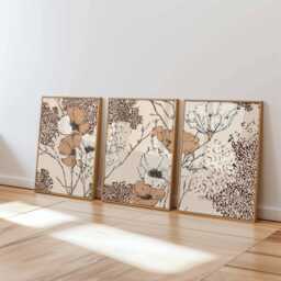Modern Line Art Floral Wall Set Of 3, Abstract Botanical Prints in Brown & Beige, Minimal Flower Posters For Contemporary Home Decor - thumbnail 1