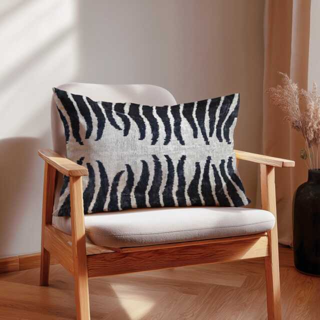 Zebra Velvet Ikat Pillow Black & White Animal Print, Handwoven Silk - image 1