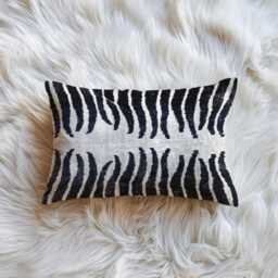 Zebra Velvet Ikat Pillow Black & White Animal Print, Handwoven Silk - thumbnail 2