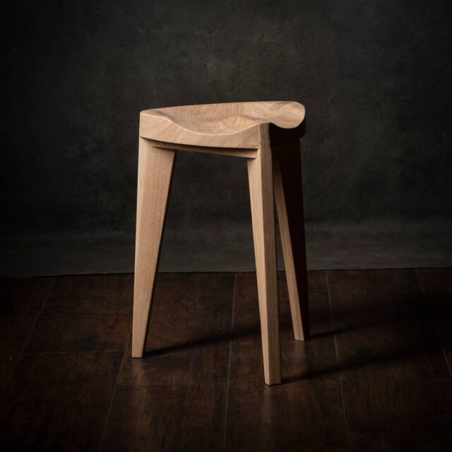 Handmade Oak Stool, Carved Seat, Three-Legged, Solid Wood, Natural Finish, 45 cm - image 1