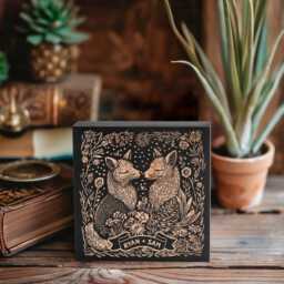 Custom Name Fox Couple Engraved Birch Wood Panel - Block Print Style Wall Art, Bookshelf Linocut Decor, Personalized Couples Gift - thumbnail 2