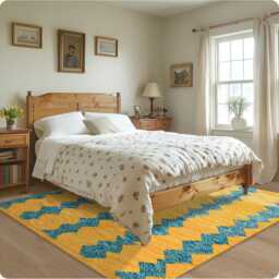 Yellow & Teal Green Moroccan Rug, Shag Berber Rug, Large Area Beni Ourain Rug - thumbnail 3