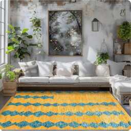 Yellow & Teal Green Moroccan Rug, Shag Berber Rug, Large Area Beni Ourain Rug - thumbnail 4