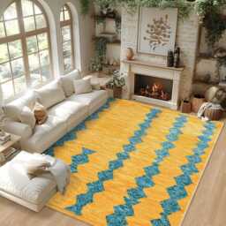 Yellow & Teal Green Moroccan Rug, Shag Berber Rug, Large Area Beni Ourain Rug - thumbnail 2
