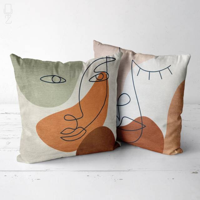 Abstract Face Velvet Pillow Covers Brown & Green, Set Of 2 - image 1
