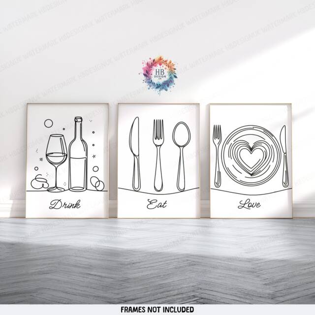 Kitchen Dining Print - Set Of 3 Prints - Black Line Drawing Posters Food & Drink Wall Art Home Decor Pictures For Room - image 1