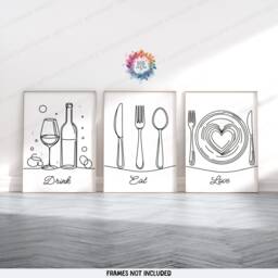 Kitchen Dining Print - Set Of 3 Prints - Black Line Drawing Posters Food & Drink Wall Art Home Decor Pictures For Room